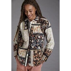 Anthropologie Cream Black Floral Patchwork Quilted Button Up Jacket Womens Large